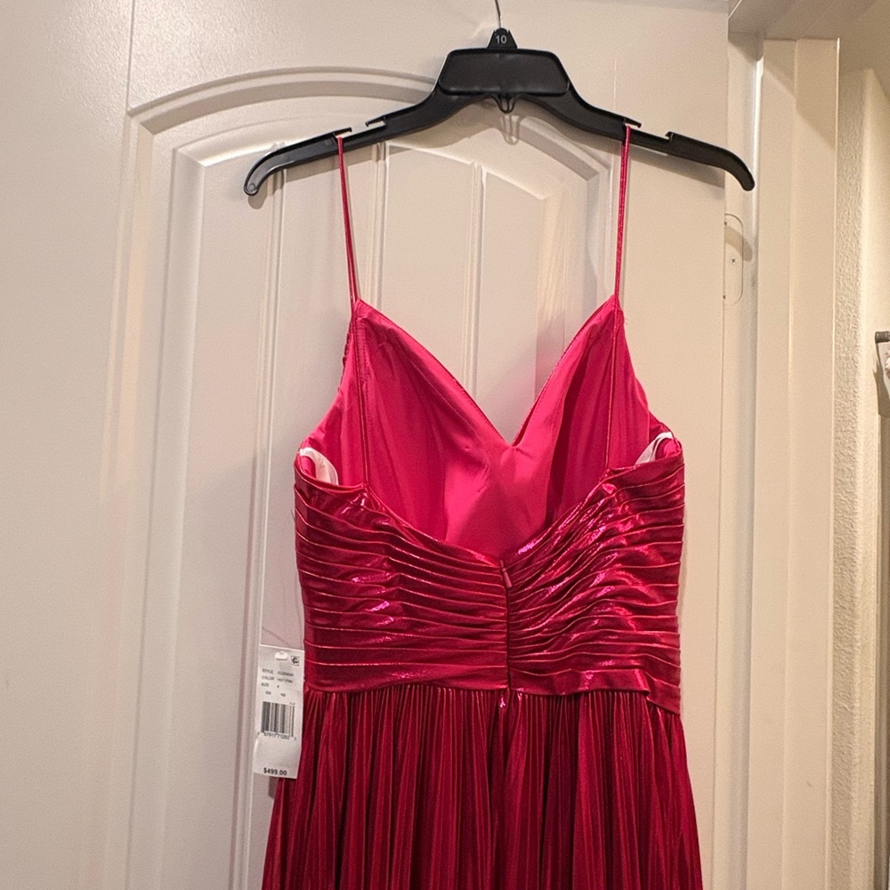 NWT Jovani Hot Pink Metallic V-Neck Spaghetti Strap Pleated A-Line Gown SIZE 4 - Picture 6 of 10